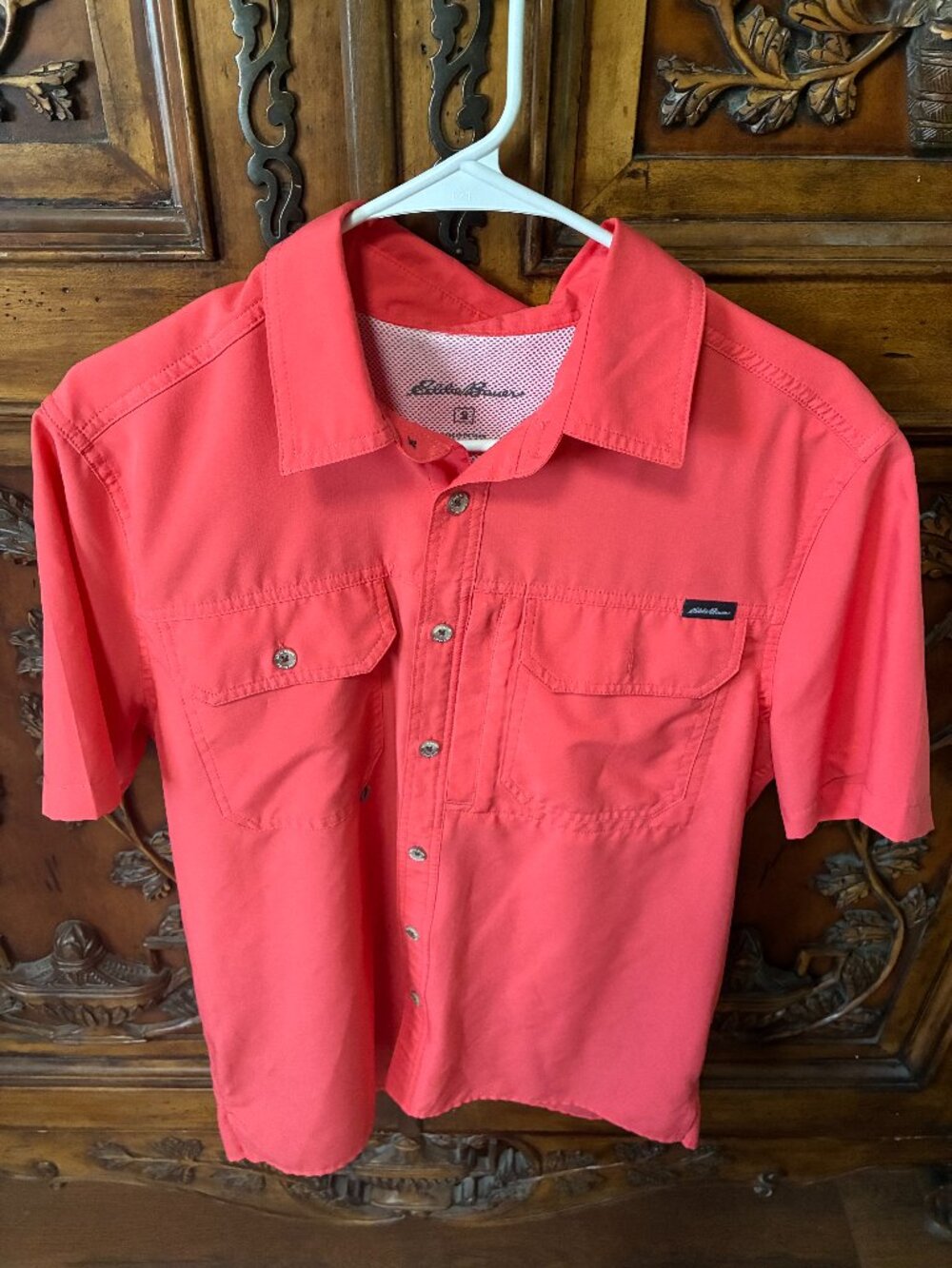 Eddie Bauer Orange Short Sleeve Button Down PFG Size S Classic Outdoors Fishing